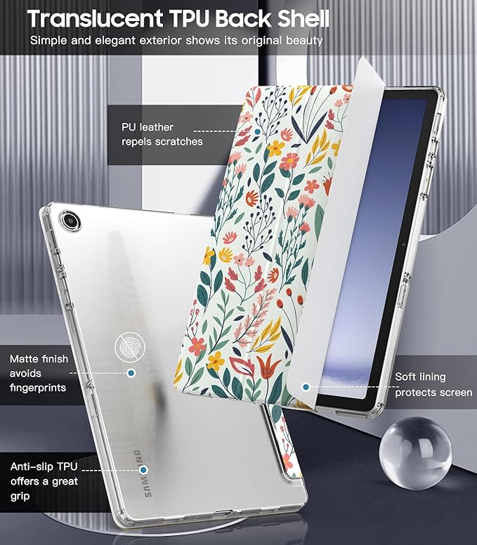 TiMOVO Case for Samsung Galaxy Tab A9+/A9 Plus 11" 2023, Slim Soft TPU Translucent Frosted Back Protective Cover for Galaxy Tab A9+ Tablet SM-X210/X216/X218, Auto Wake/Sleep, Flowers