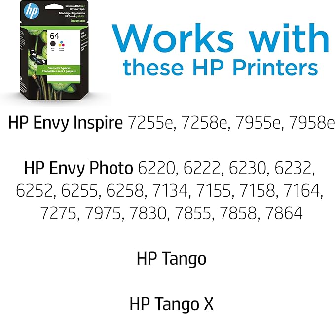 HP 64 Black & Tri-Color Ink Cartridges Printers (Combo Pack) | Works with Printer Series: Inspire 7950e; Envy Photo 6200, 7100, 7800; Tango | Eligible for Instant Ink | X4D92AN