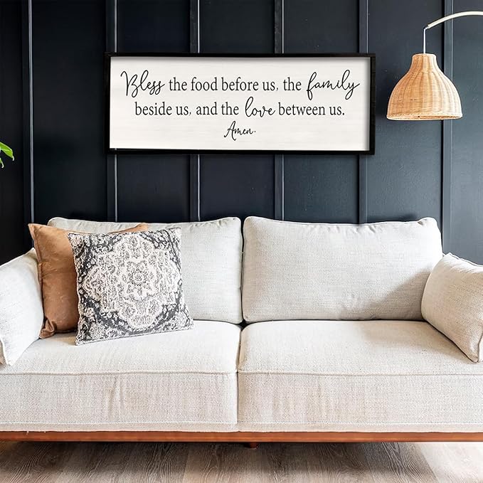 Bless the Food Before Us Sign Wall Decor 32''×12'' Large Farmhouse Dining Room Wall Decor Framed Wood Rustic Home Wall Art Kitchen Decoration (Black)