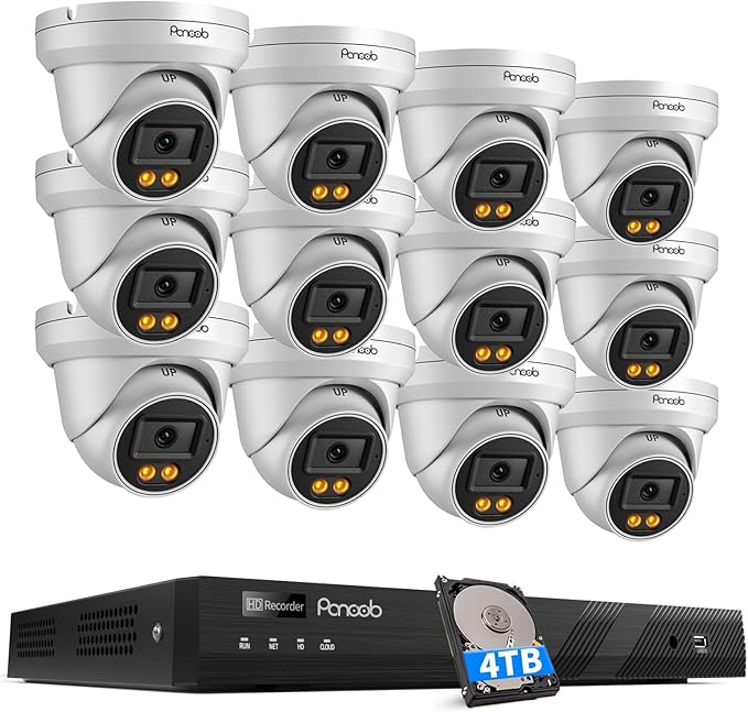 16 Channel Security Camera System 4K, 12x 8MP Wired IP Dome PoE Camera, Spotlight Color Night Vision, Human Vehicle Detection, Built-in Mic, Remote Access, 4K 16CH NVR 4TB HDD, PD93BA1216-8MD