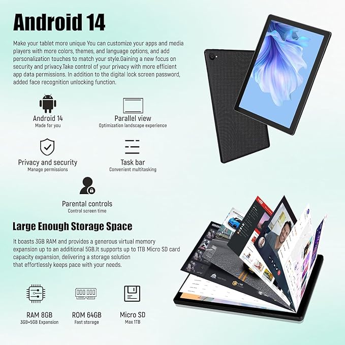 Tablet 10 Inch, Android 14 Tablet PC, 8GB RAM+64GB ROM (1TB TF), Octa-Core 2.0 GHz, Bluetooth 5.0, WiFi 6, Widevine L1, 5MP+8MP, 5000mAh,Type-C (Black, 10)