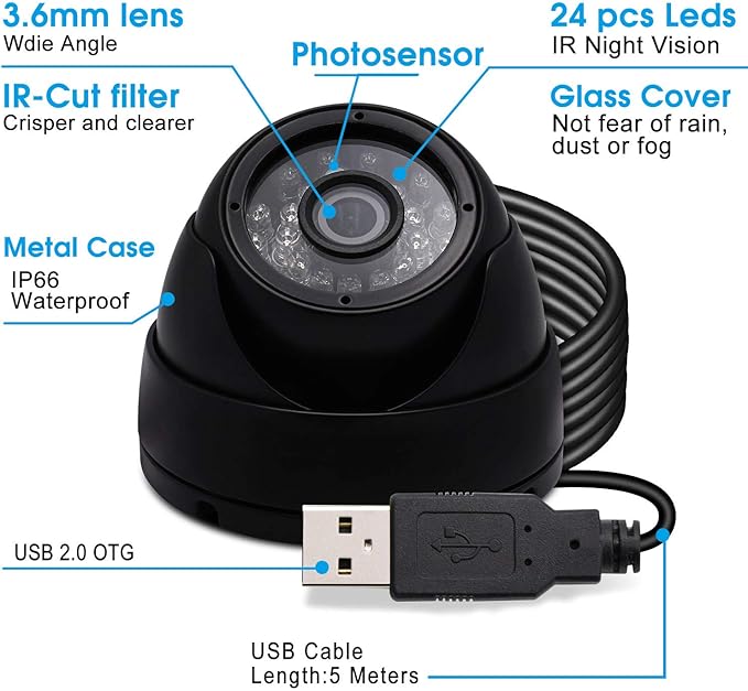 SVPRO Waterproof USB Security Camera with 80ft Infrared Night Vision, HD 720P Outdoor Indoor Day Night Video Camera,CCTV Dome Camera for Home Surveillance System,3.6mm Lens with IR-Cut,Metal Housing