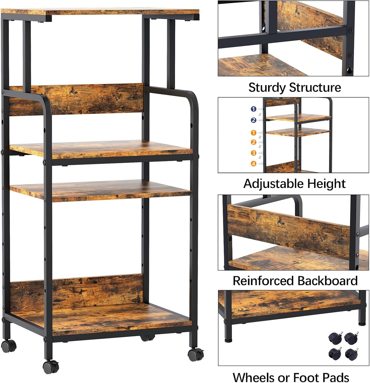 4 Tier Printer Stand with Storage Shelf, Large Tall Printer Cart with Wheels, Mobile Printer Table for Home Office, Adjustable Stands for Heat Press Scanner Fax (Brown)
