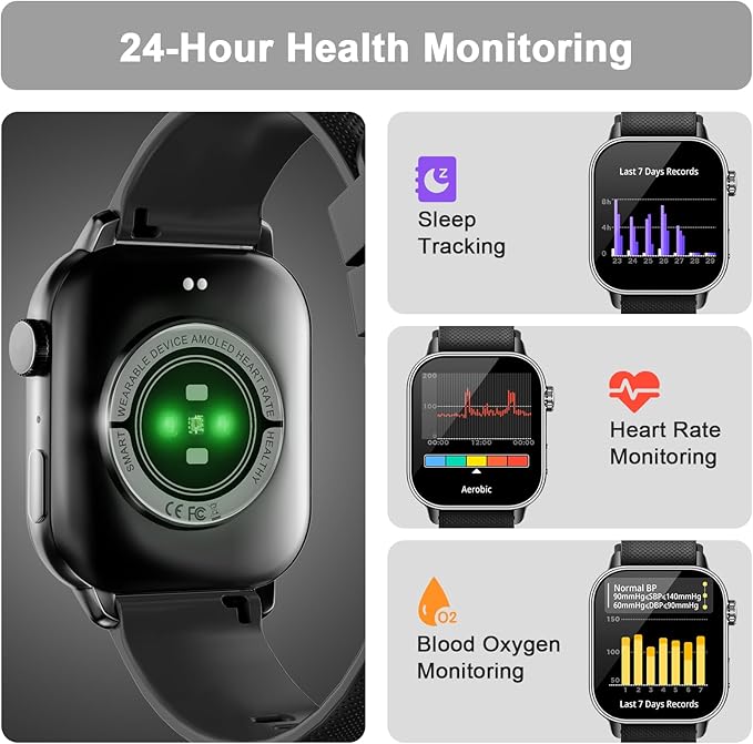 Smart Watch for Men Women, 1.85'' AMOLED HD Fitness Watch with 120+ Sports Modes, Bluetooth Call/Heart Rate/Sleep Monitor/Pedometer, Smartwatch for Android iOS, IP68 Waterproof, Black