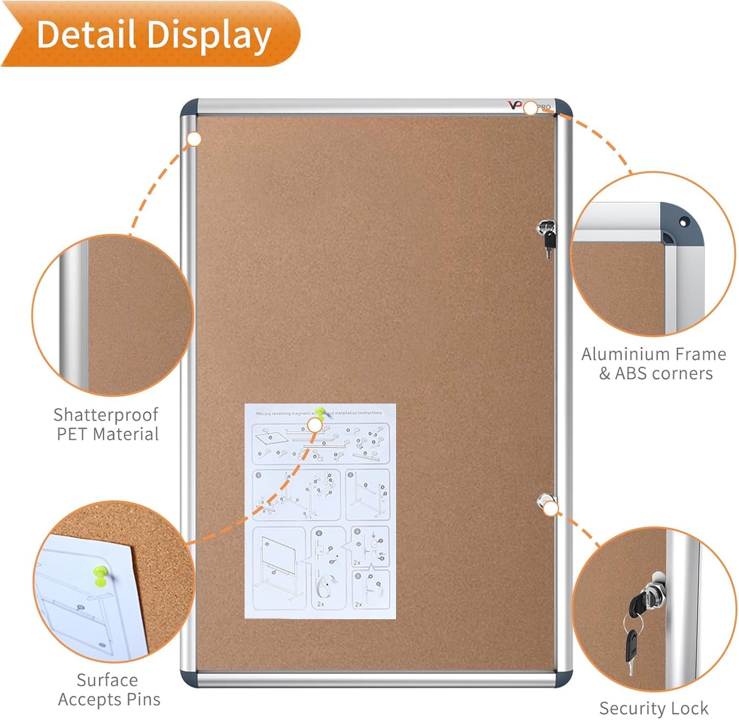 VIZ-PRO Tamperproof Lockable Cork Noticeboard Class 1 Aluminium Framed 48x36 Inches