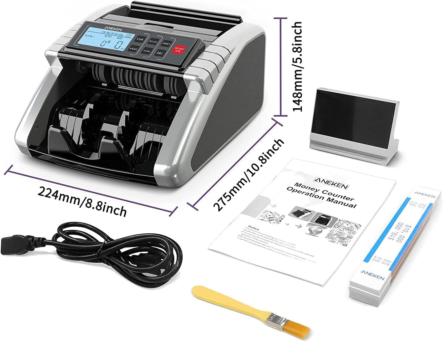 Aneken Money Counter Machine with Value Count, Dollar, Euro UV/MG/IR/DD/DBL/HLF/CHN Counterfeit Bill Detectors，Add and Batch Modes, Cash Counter with LCD Display