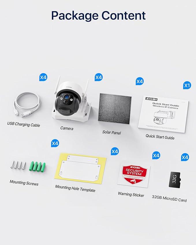 ZOSI C291 4 x 2.5K 4MP Wireless Battery Security Camera Outdoor, Solar Powered Pan/Tilt Camera, 360 View, Human Detect, Auto Track, Color Night Vision, 2-Way Talk, Light Siren Alarm, 32GB Memory Card