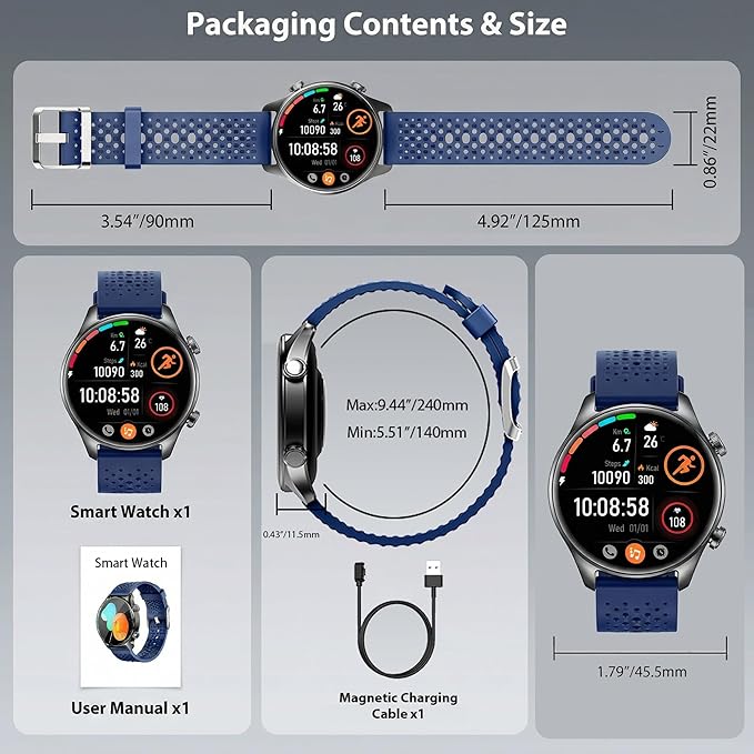 Smartwatch for Men & Women, 1.43" AMOLED Fitness Tracker GPS, Bluetooth Call, Heart Rate, Blood Oxygen (SpO2), Sleep Monitor, 100+ Sports Modes, iPhone & Android – Blue