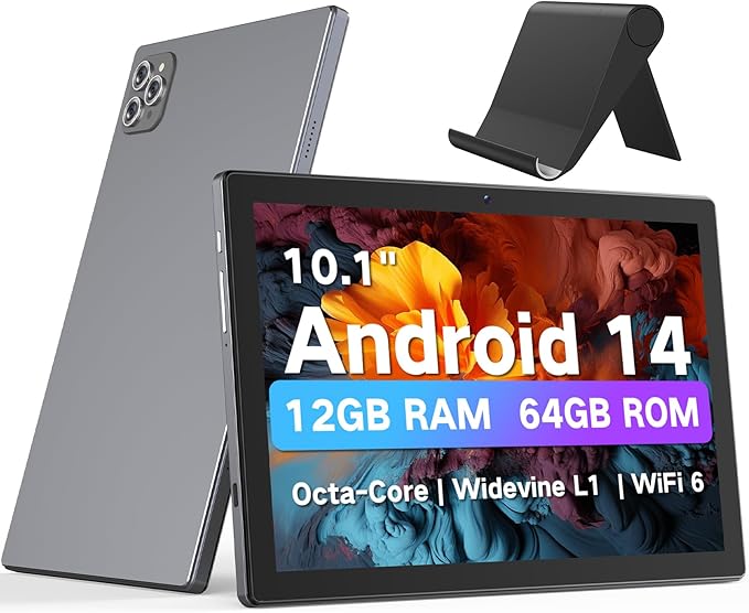 Android Tablet 10.1 Inch, 2025 Android 14 Tablets with Octa-Core, 12GB RAM + 64GB ROM (2TB Expand), Wi-Fi 6 BT 5.0 Tablet PC Long-Life Battery, Large HD Touchscreen Tablets for Adult