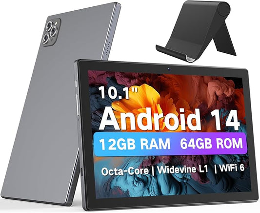 Android Tablet 10.1 Inch, 2025 Android 14 Tablets with Octa-Core, 12GB RAM + 64GB ROM (2TB Expand), Wi-Fi 6 BT 5.0 Tablet PC Long-Life Battery, Large HD Touchscreen Tablets for Adult