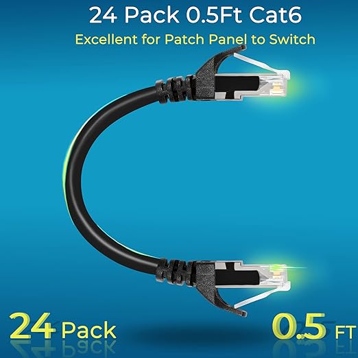 Rapink Patch Cables Cat6 0.5ft (48 Pack), Ethernet Patch Cable 10G, Cat 6 Patch Cable for Patch Panel to Switch, Flexiable Cat 6 Ethernet Cable with Gold Plated Black