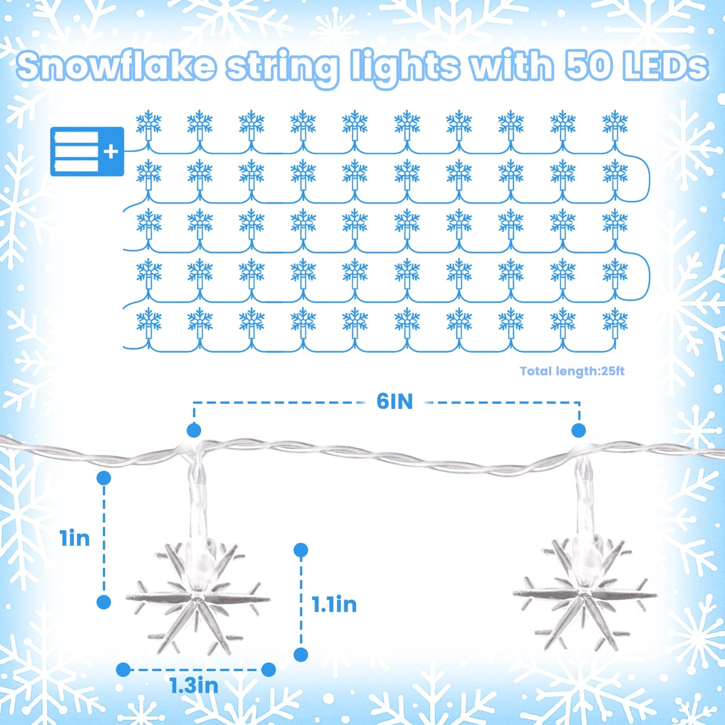 DomeStar Snowflake String Lights, 100LED, 50Ft, Battery Operated, Waterproof, Blue, Model HR4032981, Indoor/Outdoor Decor