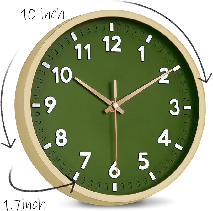 HIPPIH Wall Clock 2 Pack, 10 Inch Modern Wall Clocks Battery Operated, Non Ticking Silent Wall Clock, Simple Small Analog for Living Room, Bedroom, Kitchen, School, Office, Green
