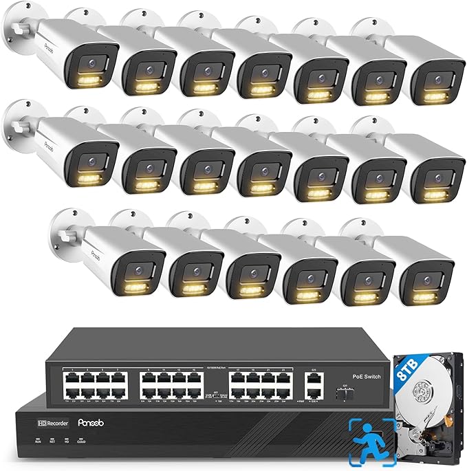 32 Channel Security Camera System, H.265 20pcs 5MP PoE IP Bullet Camera, Smart Color Night Vision, 2 Way Audio Talking, AI Human Detection, Remote Access, 4K 32 Channel NVR 8TB, PB65A2032-5MD