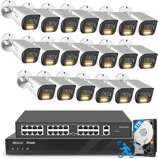 32 Channel Security Camera System, H.265 20pcs 5MP PoE IP Bullet Camera, Smart Color Night Vision, 2 Way Audio Talking, AI Human Detection, Remote Access, 4K 32 Channel NVR 8TB, PB65A2032-5MD