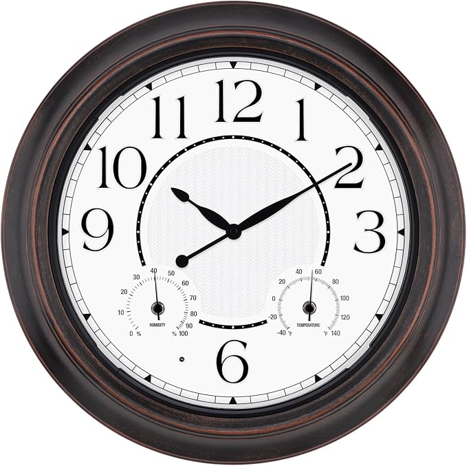 Outdoor Clocks Waterproof 18 Inch, Large Wall Clock with Thermometer & Hygrometer, Illuminated Battery Operated Clock with Smart Sensor for Patio, Pool, Garden, Porch, Living Room