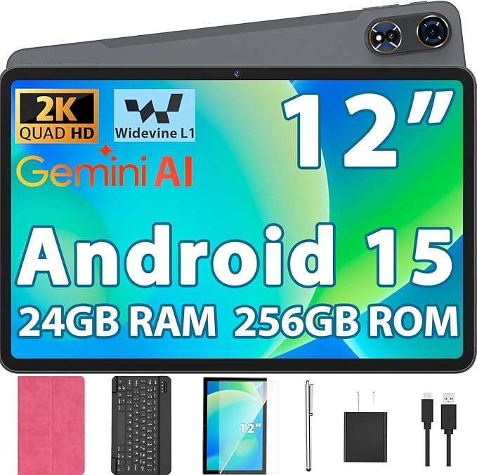 2026 12 Inch Tablet, Android 15 Tablet with Keyboard, 24GB RAM, 256GB ROM, 2TB Expand, 2000x1200 Screen, Octa-Core, 8+16MP Camera, 8000mAh, 5G Wifi, 2K Tablet with Case, Stylus, Mouse (Pink Case)