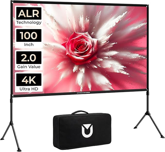 ULTIMEA Outdoor Projector Screen with Stand, 100 inch Anti-Glare Portable Projector Screen, Foldable Indoor Projection Screens 16:9 4K Full HD Movie Screen with Carry Bag for Home Theater