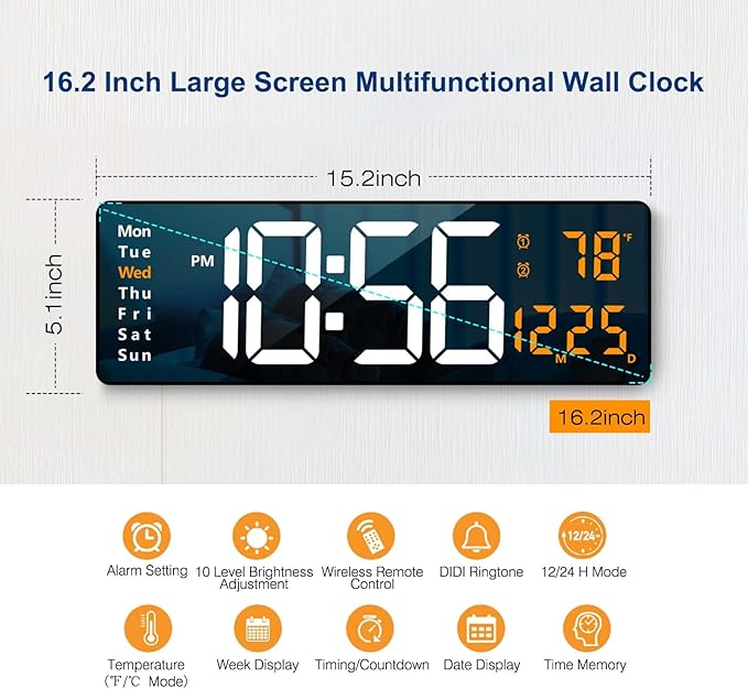 Digital Wall Clock Large Display, 16" with Remote Control for Living Room Gym Shop Warehouse Office Garage Decor, Auto Brightness Dimmer Reloj De Pared with Date Week Temp (Green)