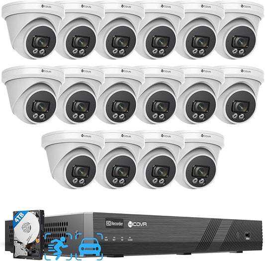 4COVR 16 Channel Security Camera System PoE, 16x 5MP 2.8mm Wide Angle Lens IP67 Dome Commercial IP Camera, 16CH UHD 4TB NVR Surveillance for Business, AI Smart Detection, 24/7 Recording, LY97SA5M1616