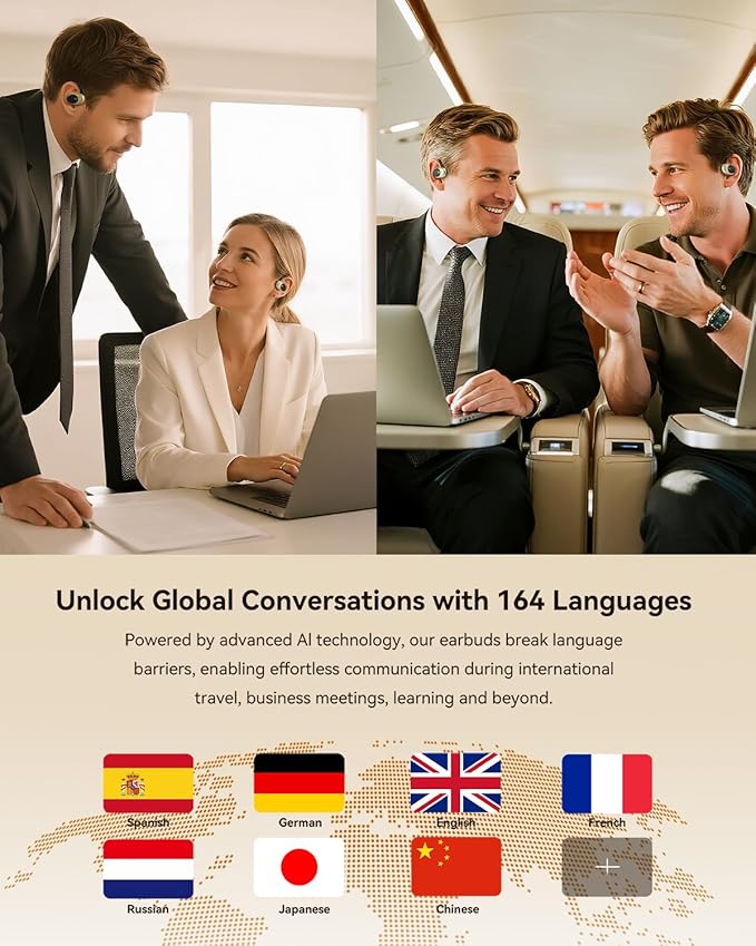 AI Language Translation Earbuds Real Time, Bluetooth 5.3 Audifonos Traductores Inglés Español for 164 Languages & Accents, Translator Device for Travel Business Meeting Learning