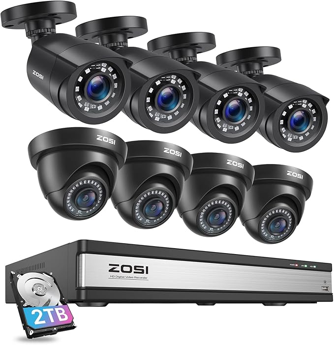ZOSI 16CH H.265+ 1080P Home Security Camera System with AI Human/Vehicle Detection,8pcs 2.0MP Indoor Outdoor CCTV Bullet Dome Cameras,80ft Night Vision,16 Channel DVR with 2TB HDD for 24/7 Recording