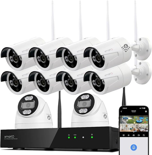 xmartO 10CH 10 Pcs Home Security Camera Kit, 2 * 2K HD Dome Camera and 8 * 2K 3MP Super HD WiFi Home Security Camera, 2-Way Audio, Night Vision, 24/7 Surveillance Camera, No Monthly Fee