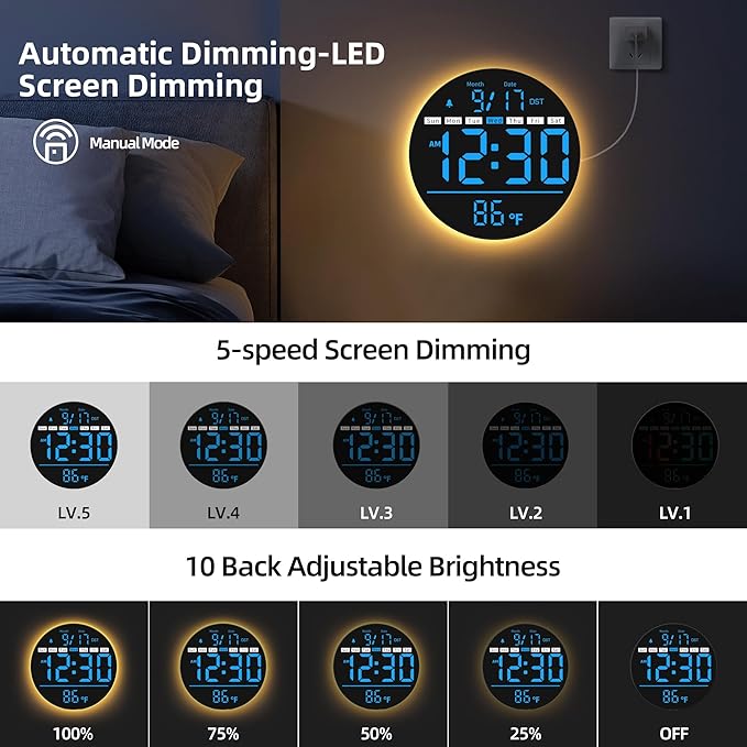 Digital Wall Clock, 8'' Round Digital Clock with Large Display, 11RGB Colors,Remote Control, Auto-Brightness,Temperature,DST,Night Light, Alarm, Count Down Timer for Classroom/Bedroom/Office