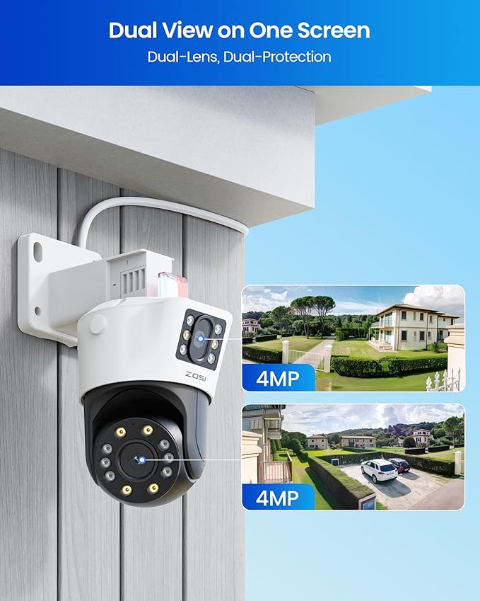ZOSI 4K Dual-Lens PoE Security Camera System, 4 x 4K 8MP Pan/Tilt (2x4MP) PoE 360 Camera Outdoor, Person/Vehicle Detect, Spotlight Siren, Color Night Vision, 8CH 8MP NVR with 2TB HDD (16CH Expandable)