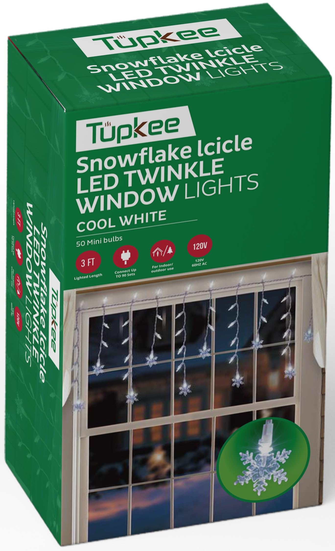 Tupkee LED Twinkle Icicle Lights - 50 Cool White Bulbs - 3 Feet - Model HWLOA - Indoor/Outdoor Snowflakes