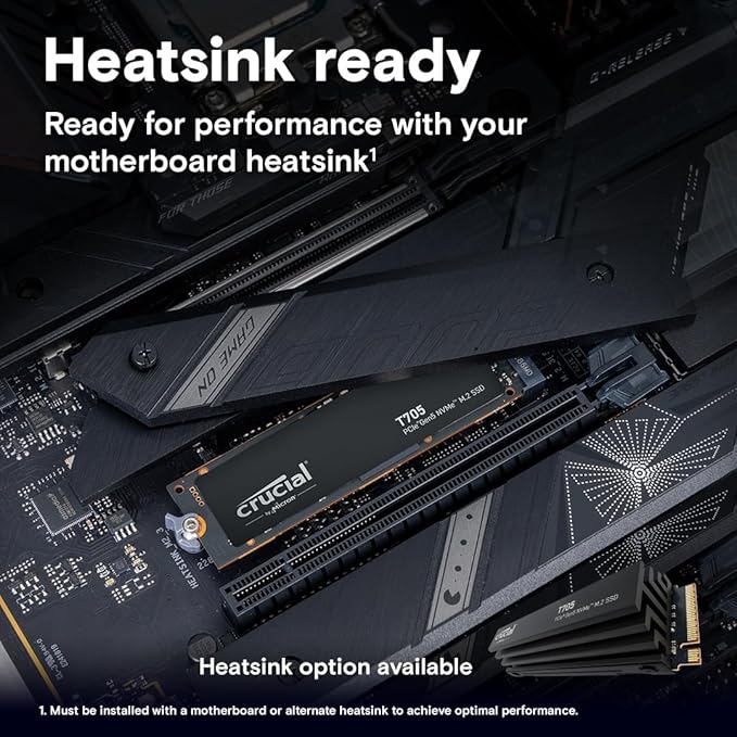 Crucial T705 PCIe Gen5 NVMe 1TB SSD, Up to 13,600MB/s, TLC NAND, Intel & Ryzen Compatible, for Hardcore Gaming & High-Speed Storage, Solid State Drive, Includes 1Mo Adobe CC – CT1000T705SSD3