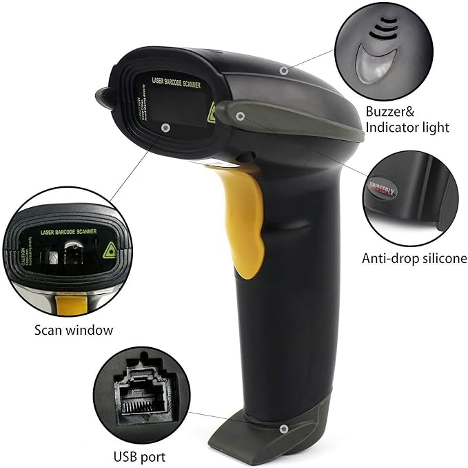 1D Wired Bar Code Scanners Readers for Computers PC, UNIDEEPLY USB Cable Laser Barcode Handheld, Hand Scanning Label UPC EAN Reader Gun Retails for Supermarket, Convenience Store, Warehouse, Black