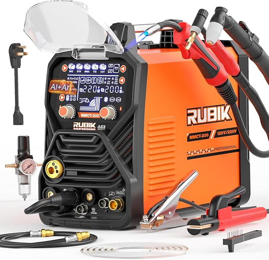Multiprocess Welding Machine-200A 7 in 1 Welder Combo with HF TIG/Gas MIG/Flux Core MIG/Stick/Plasma Cutter/SYN/Spot/VRD Welding, Spool Gun 110/220V Dual Voltage Aluminum Welder