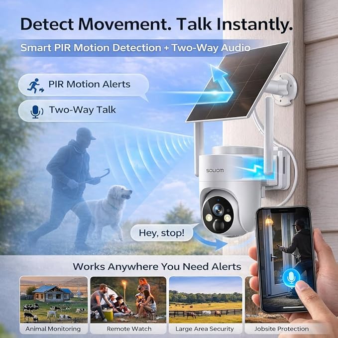 SOLIOM 4G LTE Cellular Security Camera, No WiFi Security Camera, Security Camera Wireless Outdoor for Remote Areas – Solar Powered, Live View, Color Night Vision, PIR Motion Sensor, 2-Way Talk, S90