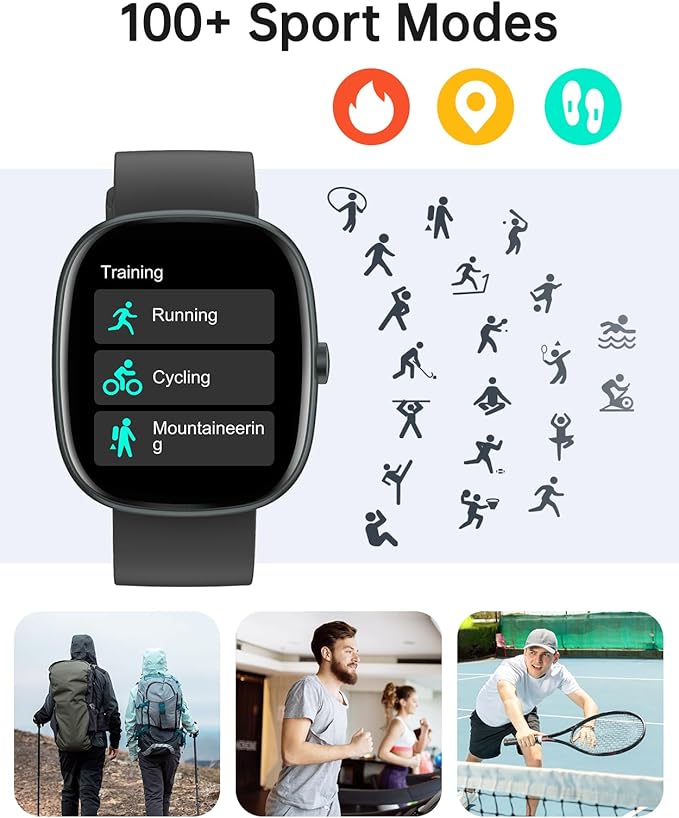HUAKUA Smart Watches for Women Men (Answer/Make Calls), 1,85" HD Smart Watch for iPhone/Android Phones, Fitness Tracker with 100+ Sport Heart Rate/Sleep Monitor Pedometer Waterproof (Black)