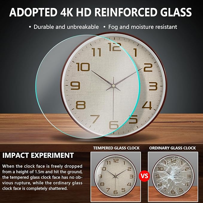 Woodgrain Wall Clocks Battery Operated 12 Inch with Linen Texture Face, Large Number Silent Digital Wall Clock, Non Ticking Analog Clock for Bedroom Living Room Bathroom Kitchen Office,Brown