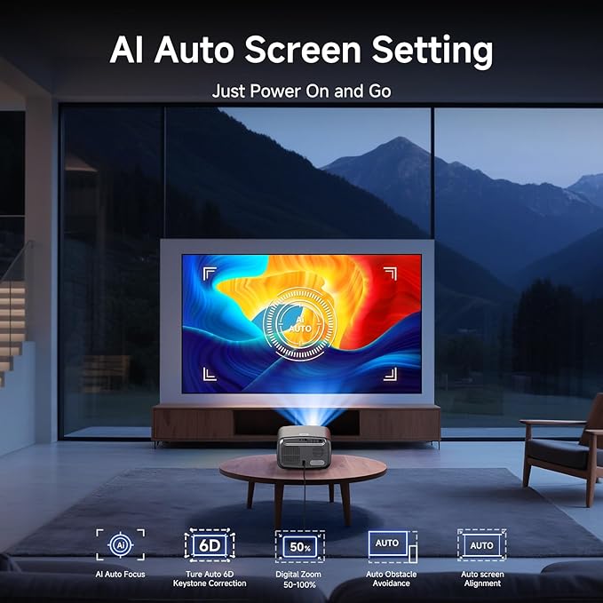 [2500 ANSI/Auto Focus/Built-in APPS] Smart Projector 4K with WiFi 6 and Bluetooth 5.3, 6D Keystone Outdoor Movie Projector with Netflix& 36W Dolby Audio Plus HDR10+ Home Theater Ceiling 2025 Upgraded