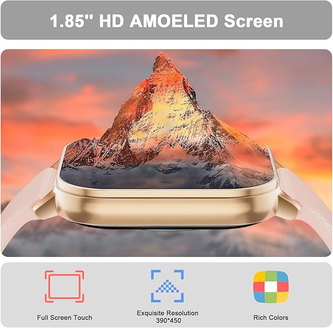 Smart Watches for Men Women, 1.85'' AMOLED HD Fitness Tracker with 100+ Sports Modes, Smartwatches with Bluetooth Call/Heart Rate/Sleep Monitor/Pedometer, IP68 Waterproof Watch for Swimming, Gold