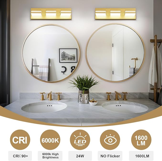 Modern LED Small Bathroom Lights Fixtures(3-Light),Metal Gold Acrylic Wall Lighting,Vanity Lights for Bathroom Over Mirror(6000k 16in)