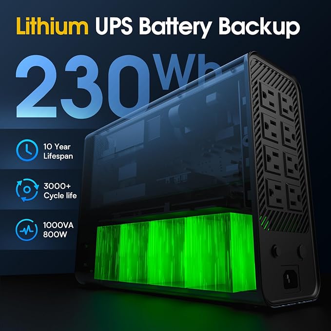 GOLDENMATE 1000VA/800W Lithium UPS Battery Backup and Surge Protector, Sinewave UPS System with LiFePO4 Battery(230.4 Wh), 2025 Upgraded Pro Ver. with Communication Port, 8 Outlets, LCD Display, White