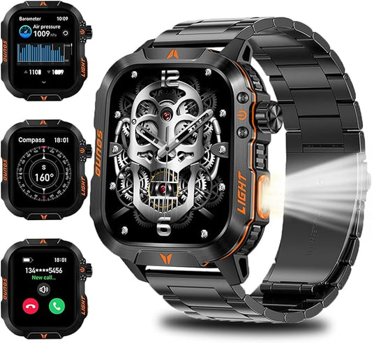 QTLLBT Military Smartwatch, Answer Make Calls LED Flashlight Barometer Compass 2.01HD IP68 Waterproof Outdoor Tactical Watch 100+ Sports Modes Sleep Heart Rate Available for Android iOS (Steel Band)