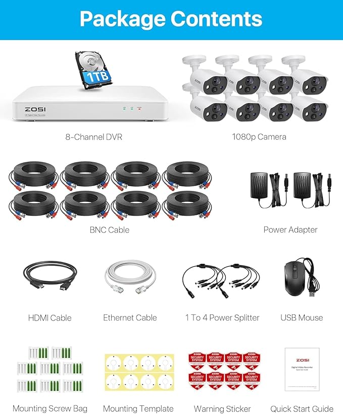 ZOSI 3K Lite Security Camera System with AI Human Vehicle Detection, 8Pcs 1920TVL 2MP Home CCTV Cameras Indoor Outdoor, Night Vision, One-Way Audio, H.265+ 8CH DVR with 1TB HDD for 24/7 Recording
