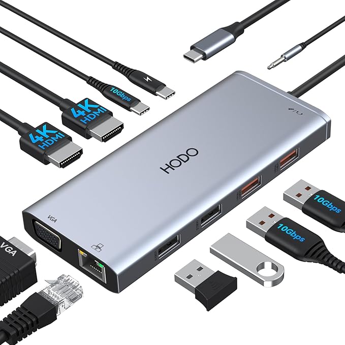 USB C Docking Station Dual Monitor for Dell HP, Laptop Docking Station 3 Monitors USB C Hub Dock to 2 HDMI 4K, VGA,Ethernet,10Gbps USB A/C Port, 100W PD Port, Audio, Type C Adapter 11 in 1 for Lenovo