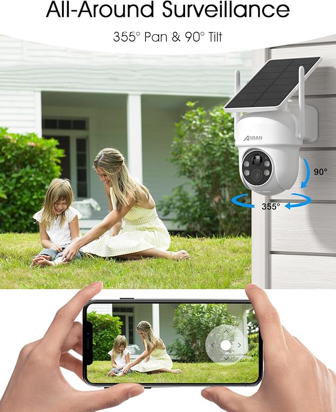 ANRAN 5MP Solar Security Cameras Wireless Outdoor, 2.4G WiFi Camera for Home Security with Fixed Solar Panel, 360° PTZ for Home Surveillance, PIR Human Detection,Color Night Vision, 2-Way Talk,2-Pcs