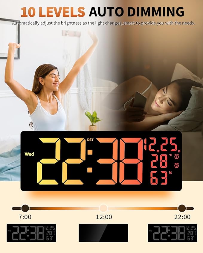 17.2" Large Digital Wall Mount Clock, Count Down Timer, Alarm, Big LED, 11 RGB Color, Temperature for Living Room Classroom Desk, Xmas, Birthday Gift for Senior Mom Dad (Rectangle)