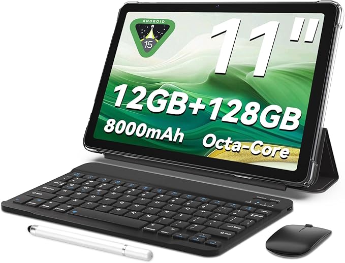 Tablet 11 inch Android 15 Tablets | Octa-core | 12GB RAM+128GB ROM | 8000mAh Tablet with Keyboard | Mouse | Case | Dual Band WiFi | BT 5.0 | GPS | 13 MP Dual Camera (Black with Keyboard)