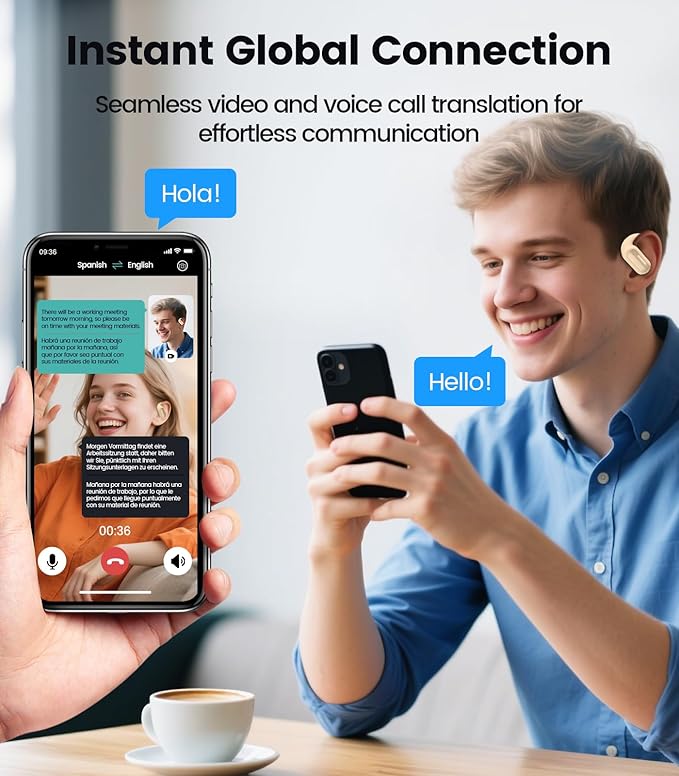 AI Translation Earbuds Real Time 164 Languages Translator Ear Buds Audifonos Traductores Inglés Español 4-in-1 Wireless Headphones Bluetooth Earphones for Travel Business Meeting Learning Caramel