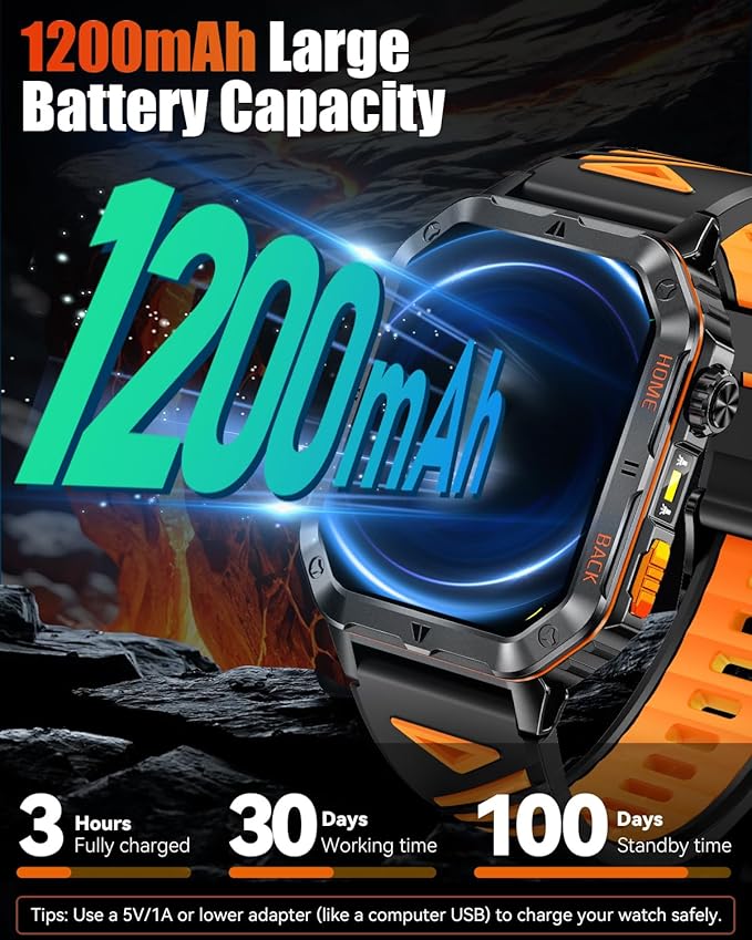 Military Smart Watch for Men, 2.01'' Fitness Tracker with 1200mAh Long Battery Life, Bluetooth Calls, Flashlight, IP68 Waterproof, Heart Rate/Sleep Tracking, 100+ Sports Modes for Android iPhone
