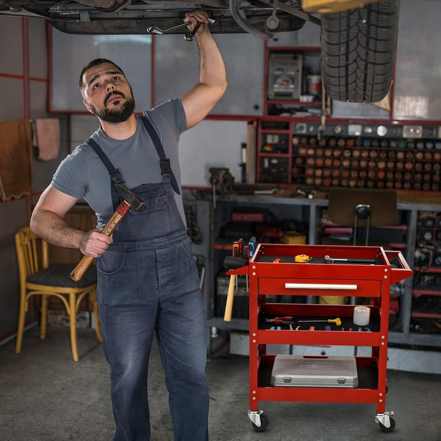 ERGOMASTER Metal Service Utility Cart with Wheels - 500LBS Tool Cart Heavy Duty Rolling 3-Tier Storage Organizer, for Garage Industrial Cart (Red)