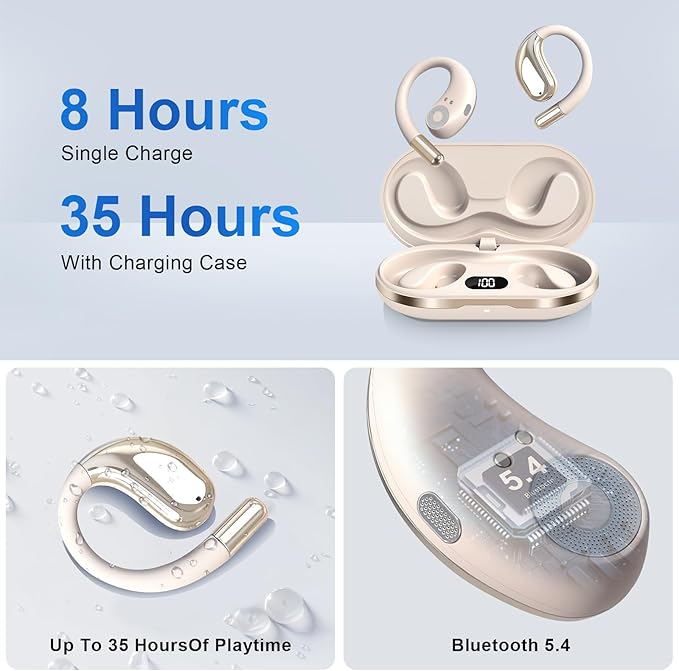 Open Ear Clip Wireless Earbuds Bone Conduction Headphones, Bluetooth 5.4, Open Ear Design, Built-in Mic, IPX7 Waterproof, LED Display Charging Case,Ear Hooks Ear Buds,Design for Running Fitness
